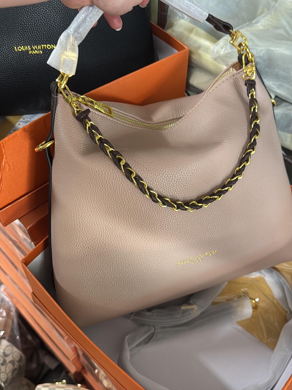 Designer inspired in a box Blush Pebble Leather Hobo with Gold Chain Strap